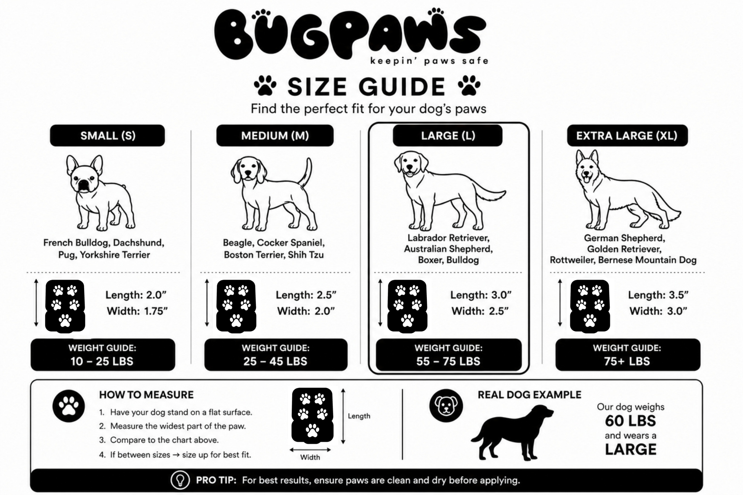 Bugpaws Paw Protector Size Guide